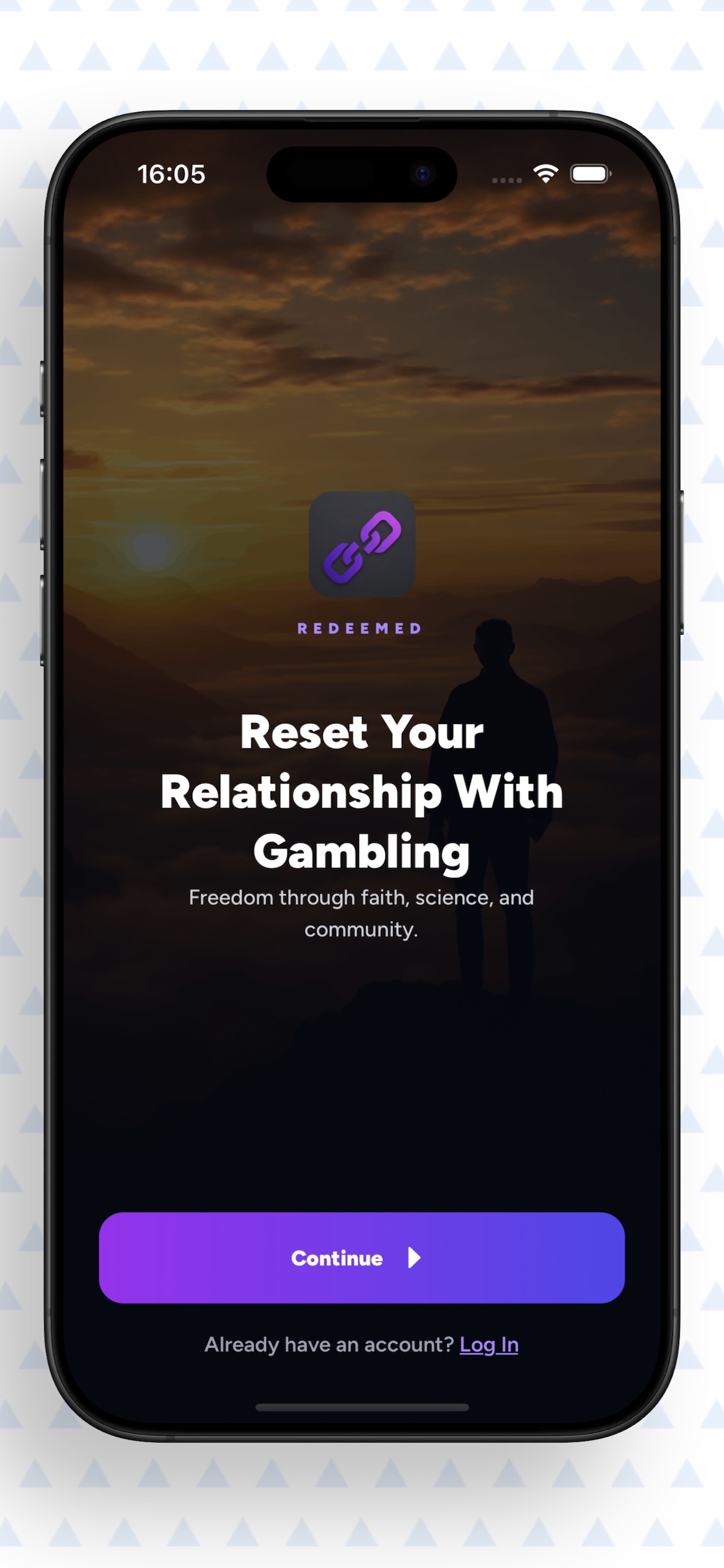Welcome screen: Reset Your Relationship With Gambling — freedom through faith, science, and community