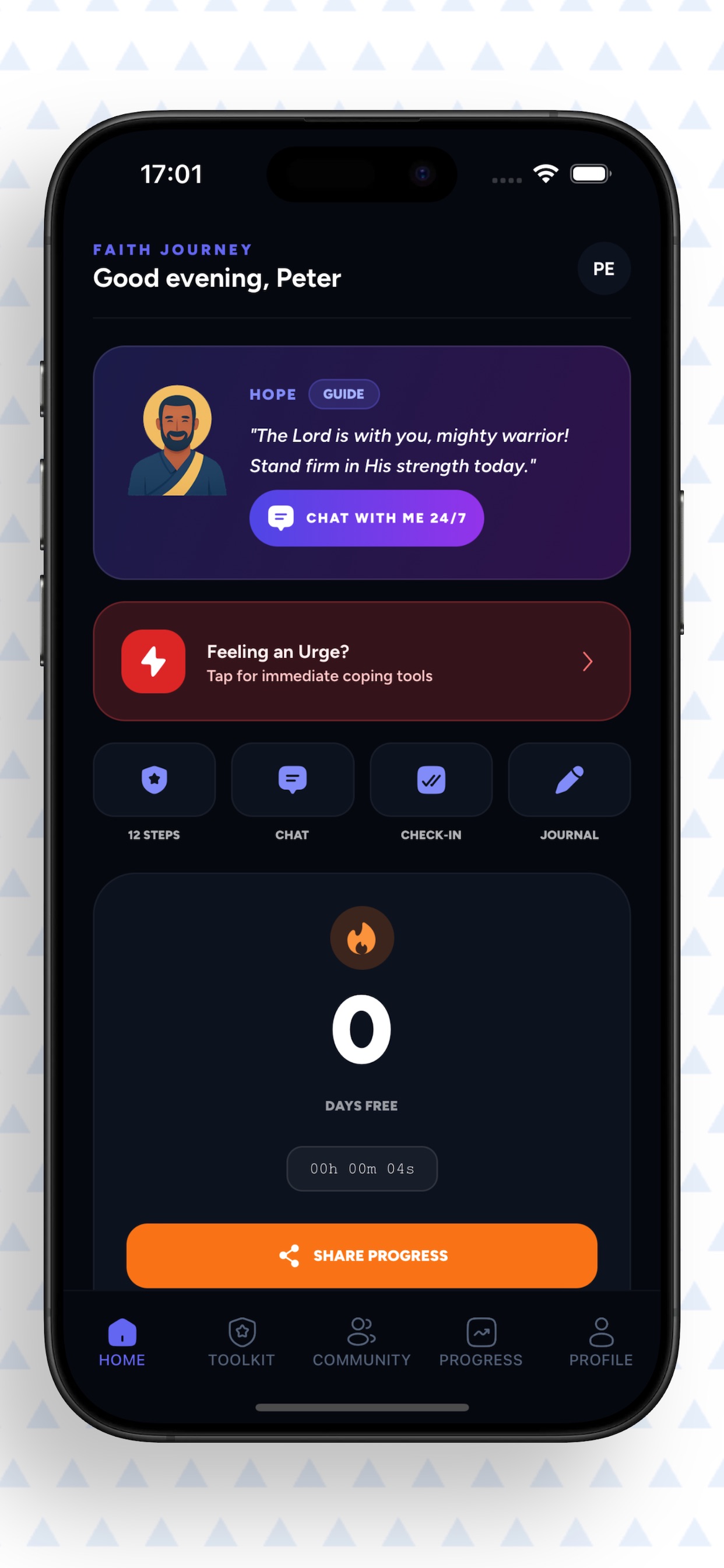 Redeemed app home screen: Faith Journey with Hope, the 24/7 guide, an urge-help button, and the Days Free streak counter