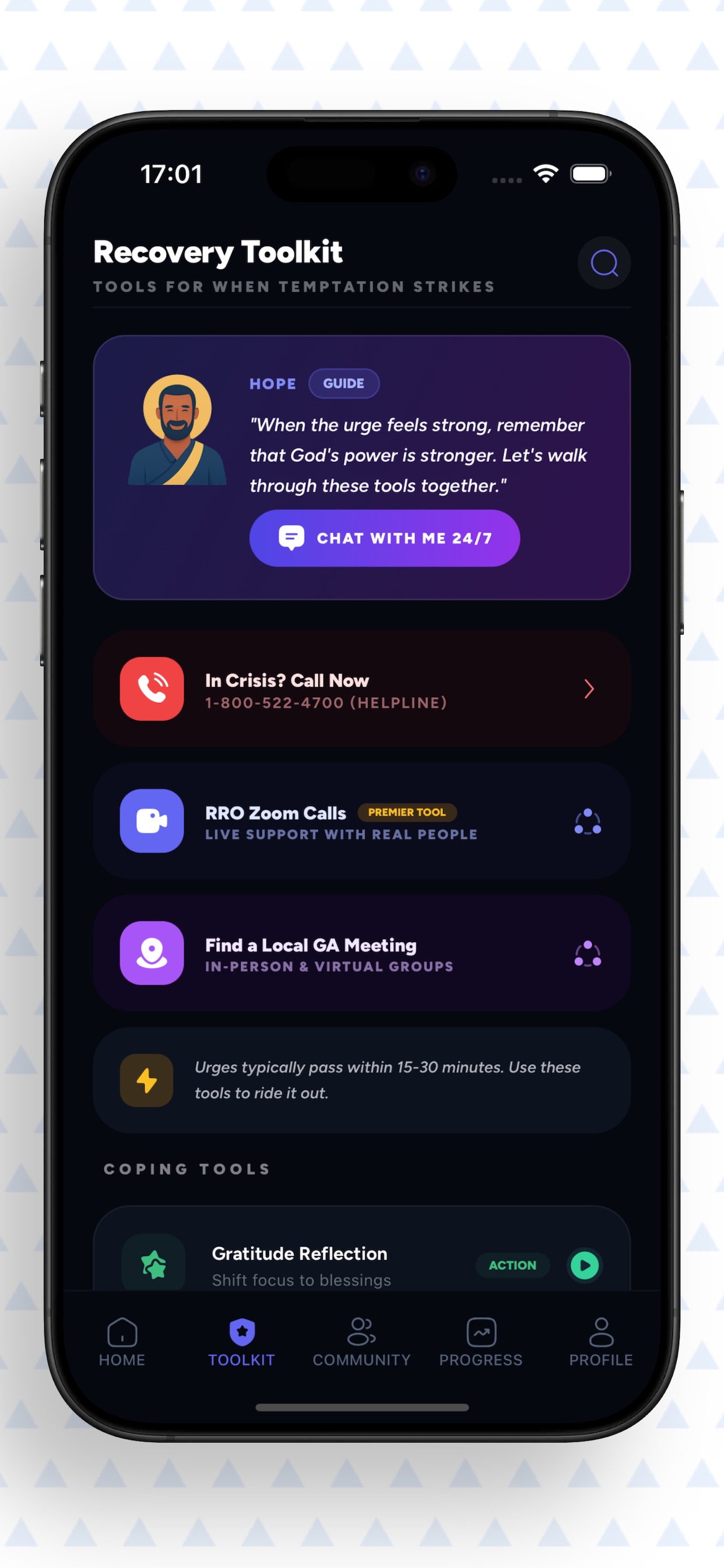 Recovery Toolkit screen with crisis call button, live support calls, GA meeting finder, and coping tools