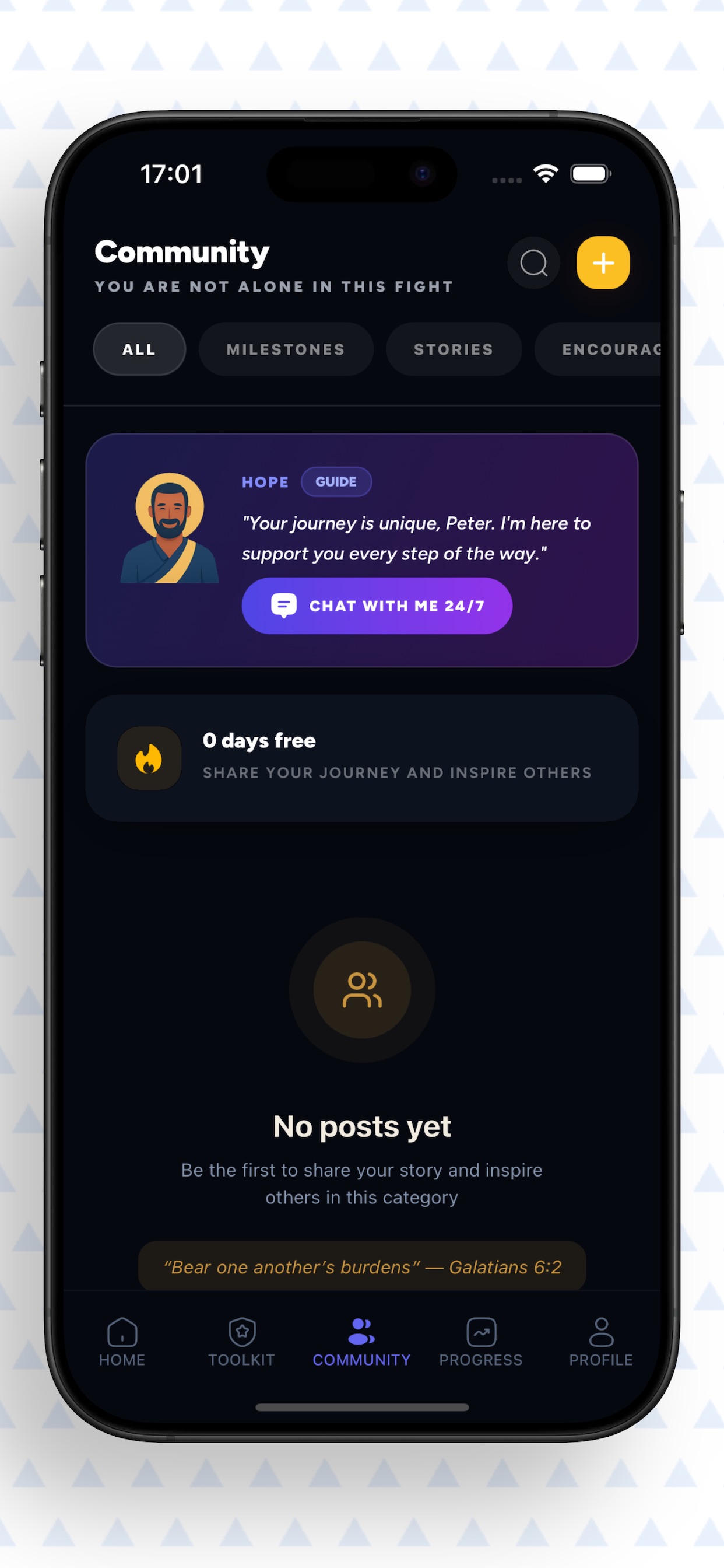 Community screen: You are not alone in this fight, with milestones, stories, and encouragement