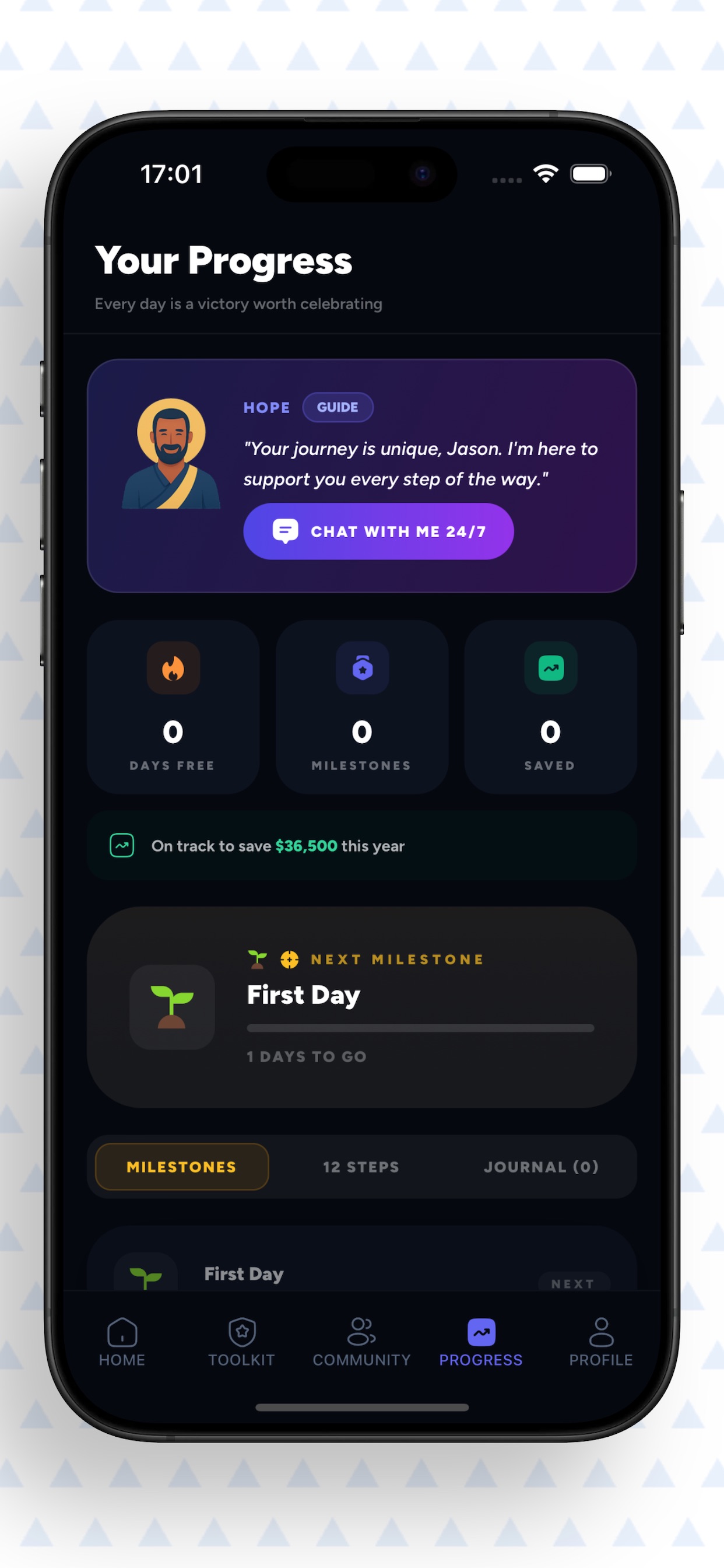 Your Progress screen tracking days free, milestones, and money saved